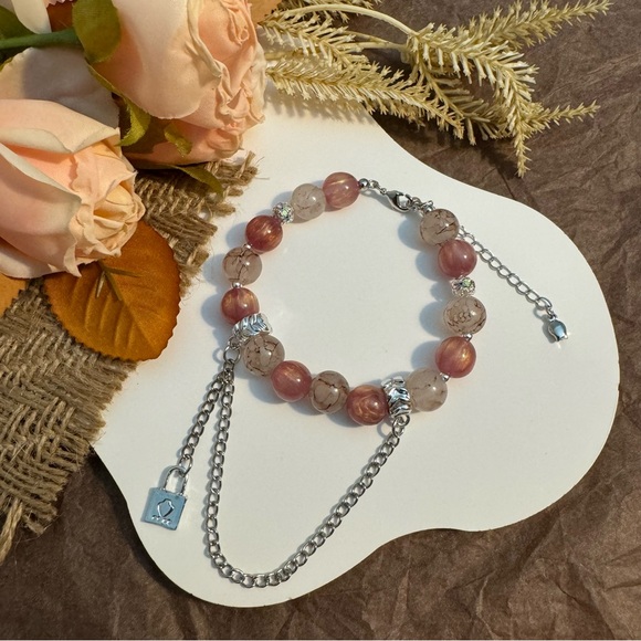 Dusty Pink Beaded Bracelet with Padlock Charm - Picture 1 of 5